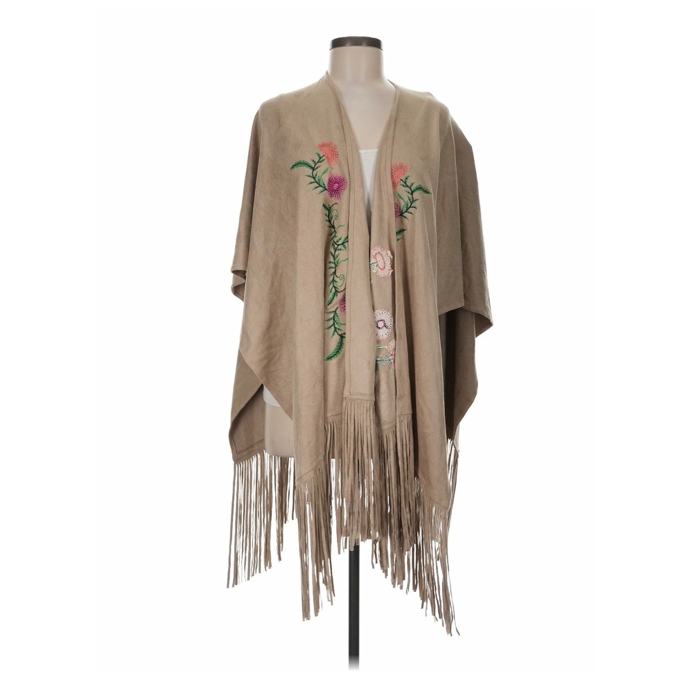 LaBellum Hillary Scott Faux Suede Floral Embroidered Fringe Poncho Ruana Boho